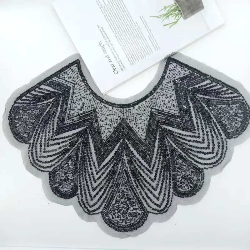Black fan neckline applique — Black & silver