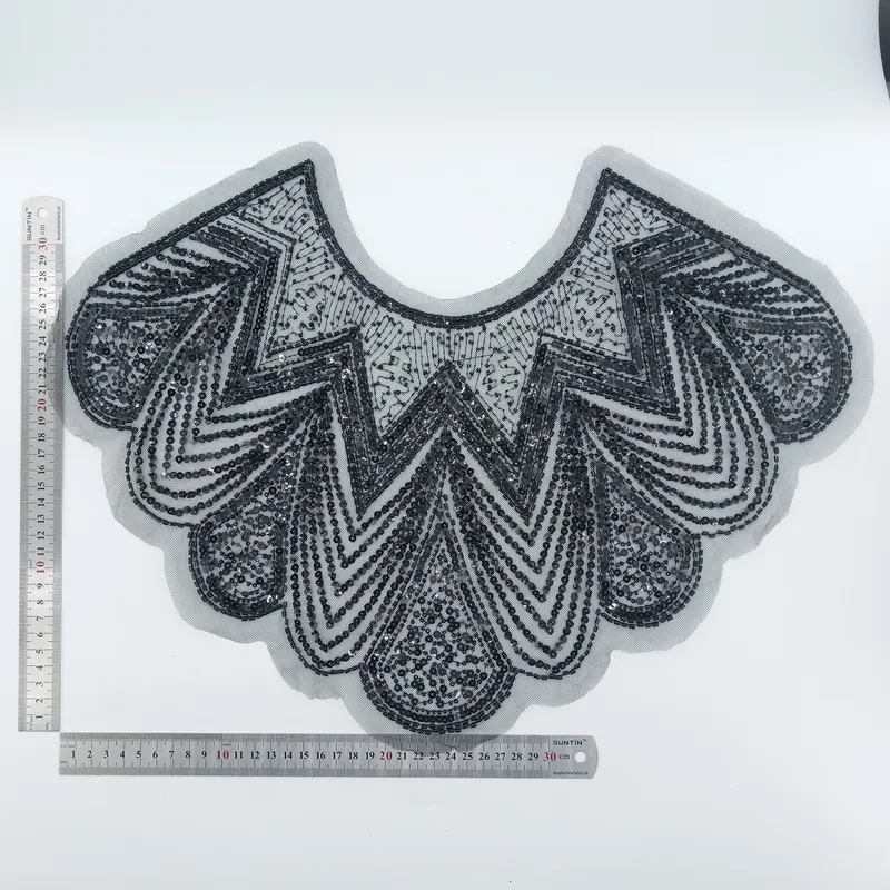 Black fan neckline applique — Black & silver