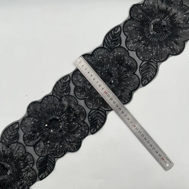 Black floral beaded trim — Black