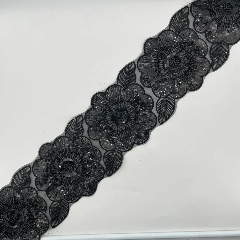 Black floral beaded trim — Black
