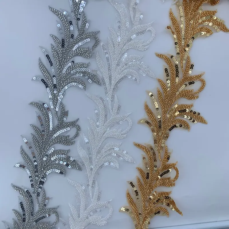 Sequin botanical trim — Silver, white & gold